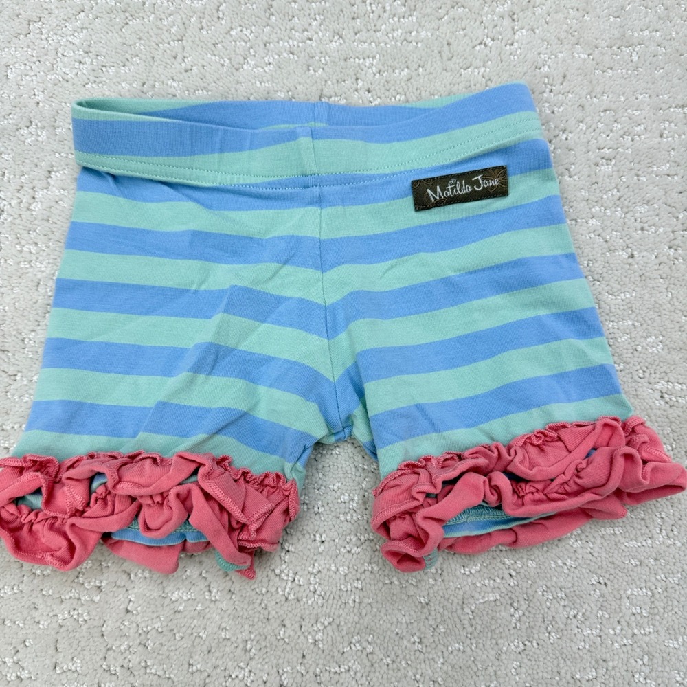 Matilda Jane Ruffle Shorts Kids Size 2 Blue Green Striped Pink Ruffles Elastic